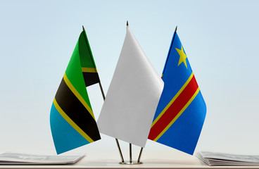Flags of Tanzania and Democratic Republic of the Congo (DRC, DROC, Congo-Kinshasa) with a white...