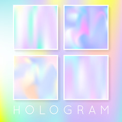 Gradient set with holographic mesh. Colorful abstract gradient set backdrops. 90s, 80s retro style. Iridescent graphic template for brochure, flyer, poster, wallpaper, mobile screen.