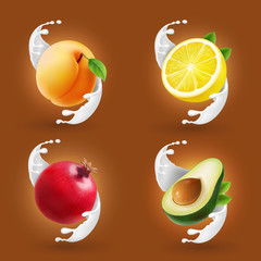 Fototapeta na wymiar Fruits in milk splash set. Grapefruit, lemon, avocado, apricot vector realistic collection icon