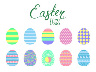 Set of flat style cute cartoon Easter eggs. Isolated objects on white. Vector illustration. Festive design elements. Concept for greeting card, invitation.
