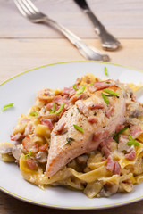 Chicken and creamy bacon and mushroom pasta