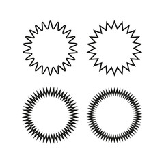Vintage labels, stickers. Set of line, outline starburst, sunburst badges. Black on white color.