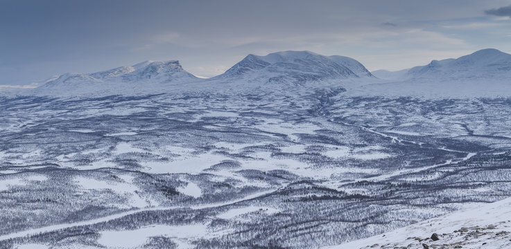 Snow-capped mountains in Abisko, Sweden