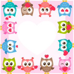 frame with cute owls and hearts