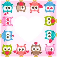 Fotobehang frame with cute owls and hearts © ann_precious