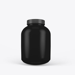 3d rendering of a black jar of sports nutrition on a white background