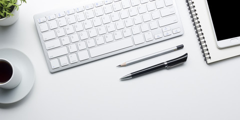 Office desk table with supplies. Flat lay Business workplace and objects. Top view. Copy space for text