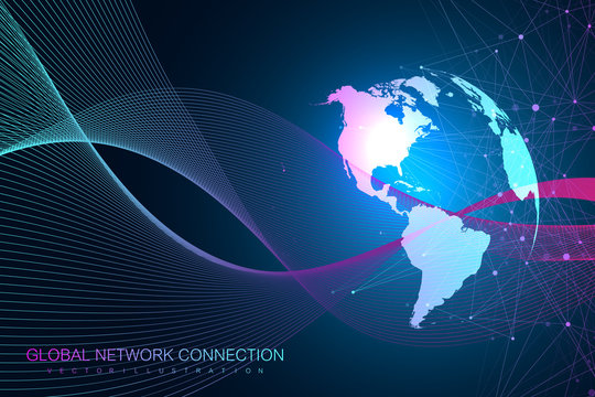 World map point with global technology networking concept. Digital data visualization. Lines plexus. Big Data background communication. Scientific vector illustration.