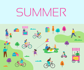 Summer outdoor scene with active family vacation, park activities illustration with kids, couples and families.