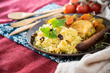 traditional moroccan dish Chicken couscous salad with Sausage