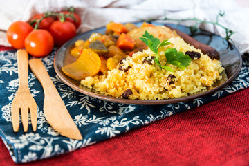 traditional moroccan dish Chicken couscous salad with Sausage