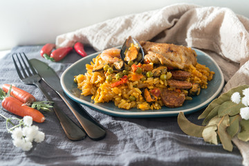 Prawn with rice - closeup of prawn with rice - traditionnal spanish food paella