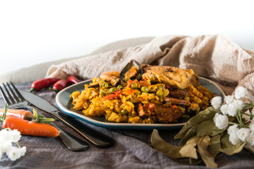 Prawn with rice - closeup of prawn with rice - traditionnal spanish food paella