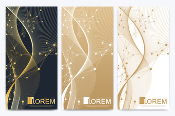 Modern set of vector flyers. Molecule and communication background. Geometric abstract golden package. Connected line with dots. Golden design in trendy linear style.