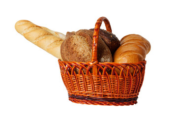 Wicker basket with assorted baking products isolated on white background