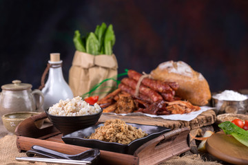 Dried shredded pork and mush, Chinese breakfast on Wooden Tray
