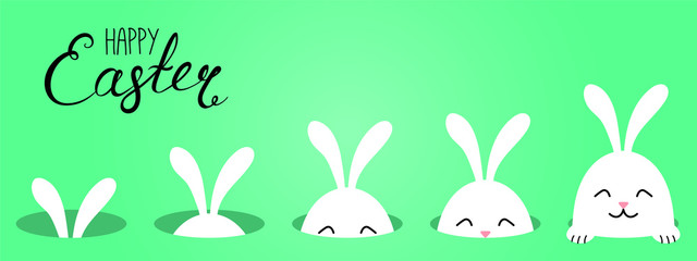 Hand drawn vector illustration with cute cartoon bunny looking from a hole, Happy Easter text. Isolated objects. Vector illustration. Festive design elements. Concept for greeting card, invitation.