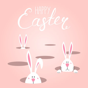 Hand drawn vector illustration with cute cartoon bunnies looking from holes, Happy Easter text. Isolated objects. Vector illustration. Festive design elements. Concept for greeting card, invitation.