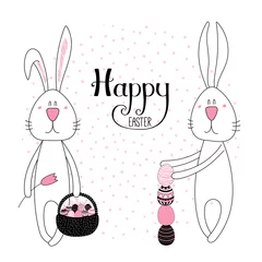 Poster Hand drawn vector illustration of cute cartoon bunnies with eggs, basket, Happy Easter lettering. Isolated objects. Vector illustration. Festive design elements. Concept for card, invitation. © Maria Skrigan