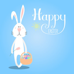 Hand drawn vector illustration with cute cartoon bunny with a basket, Happy Easter lettering. Isolated objects. Vector illustration. Festive design elements. Concept for greeting card, invitation.