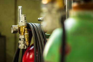 Gas Cylinder Green and Red with Pressure Gauge and Hose