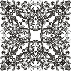 black on white square design with symmetric floral elements