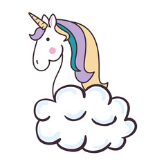 cute unicorn over cloud fantasy sticker vector illustration design