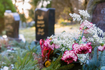 Colorful Flowers in front of a Tombstones in a Cemetery/Graveyard 