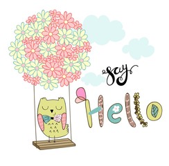 Card with cartoon owl on a flower swing in the clouds. Say hello.