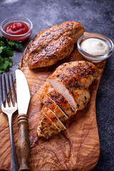 Grilled chicken breast or fillet on iron pan