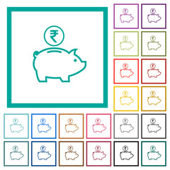 Indian Rupee piggy bank flat color icons with quadrant frames