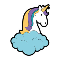 cute unicorn over cloud fantasy sticker vector illustration design