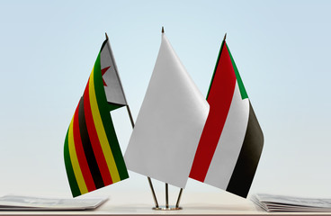 Flags of Zimbabwe and Sudan with a white flag in the middle
