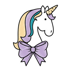 cute unicorn with bowntie fantasy sticker vector illustration design