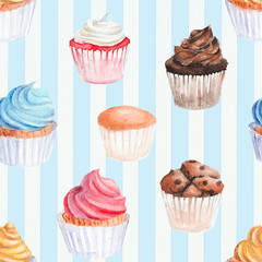 Watercolor  cupcakes seamless pattern