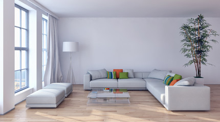 Modern bright interiors 3D rendering illustration