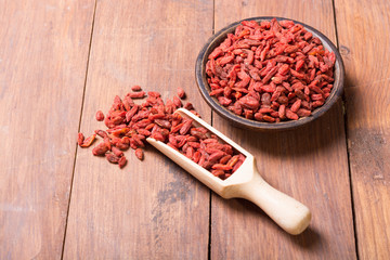 Goji berries in wooden spoon