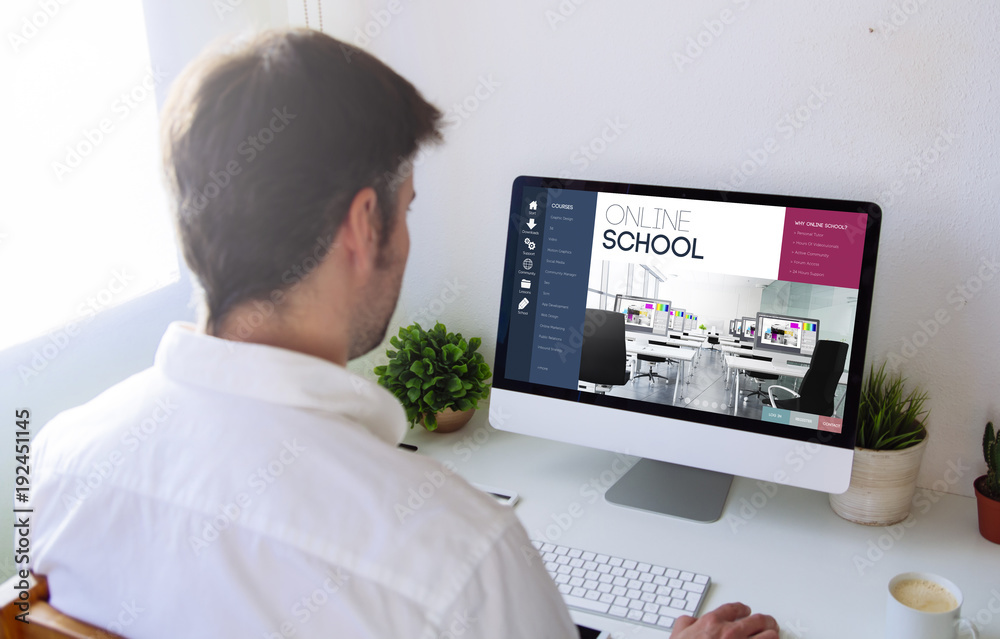 Sticker man browsing online school on computer