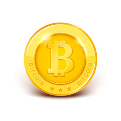 Vector 3d realistic golden bitcoin, popular anonymous world cryptocurrency, digital money isolated on white background. Shining yellow coin with btc symbol, icon for game design