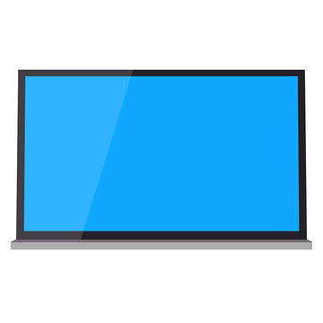 Flat, widescreen TV. Blue reflective screen. Isolated on white