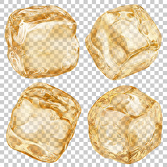 Set of realistic translucent ice cubes in amber color on transparent background. Transparency only in vector format