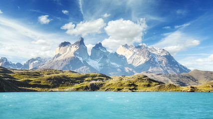 Pehoe Lake and Los Cuernos (The Horns) in the Torres del Paine National Park, Chile.  - obrazy, fototapety, plakaty