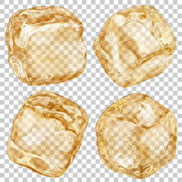 Set of realistic translucent ice cubes in amber color on transparent background. Transparency only in vector format