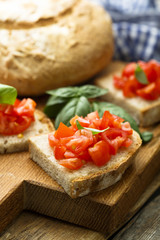 Basil and tomato bruschetta on homemade rye bread