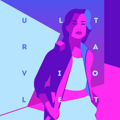 Fashion portrait of a model girl and neon light. Ultraviolet trendy colors poster or flyer.