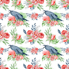 Seamless pattern with indigo watercolor flowers and crowns. Peonies blossom.