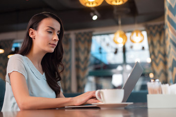 Free world. Thoughtful young female freelancer gazing at screen while posing on the blurred background and typing