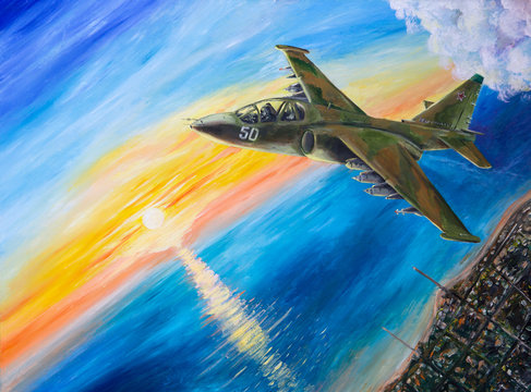 Attack aircraft flying against the setting sun