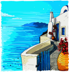 Greece summer island landscape. Santorini hand drawn square vector background. Picturesque sketch. Ideal for card, invitation, banners, posters. - obrazy, fototapety, plakaty