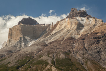 Close up of the two colored horns in the national park of torres del paine